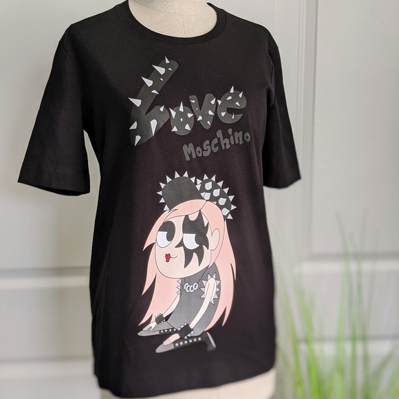 Love Moschino Tee Punk Girl Half Sleeve Crew Neck Fitted Black Pink S IT40 NWT - Picture 5 of 7